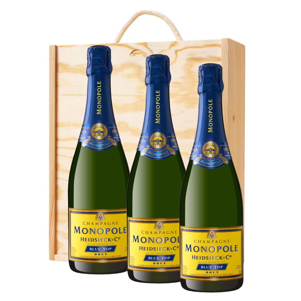 3 x Heidsieck &amp;amp; Co Monopole Blue Top Brut Champagne 75cl In A Pine Wooden Gift Box